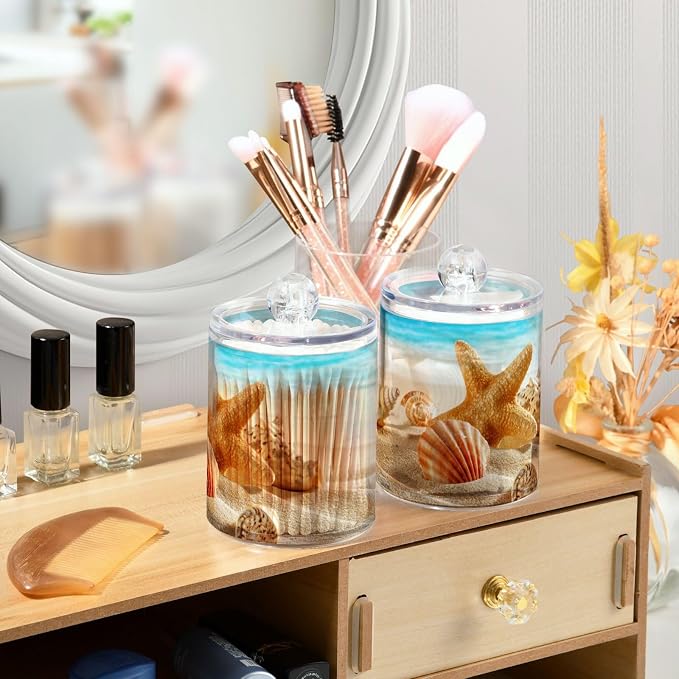 ALAZA 4 Pack Qtip Holder Dispenser Beach Starfish Ocean 2 Cotton Ball Cotton Swab Round Pads Floss Clear Bathroom Storage Containers Plastic Apothecary Jars with Lids