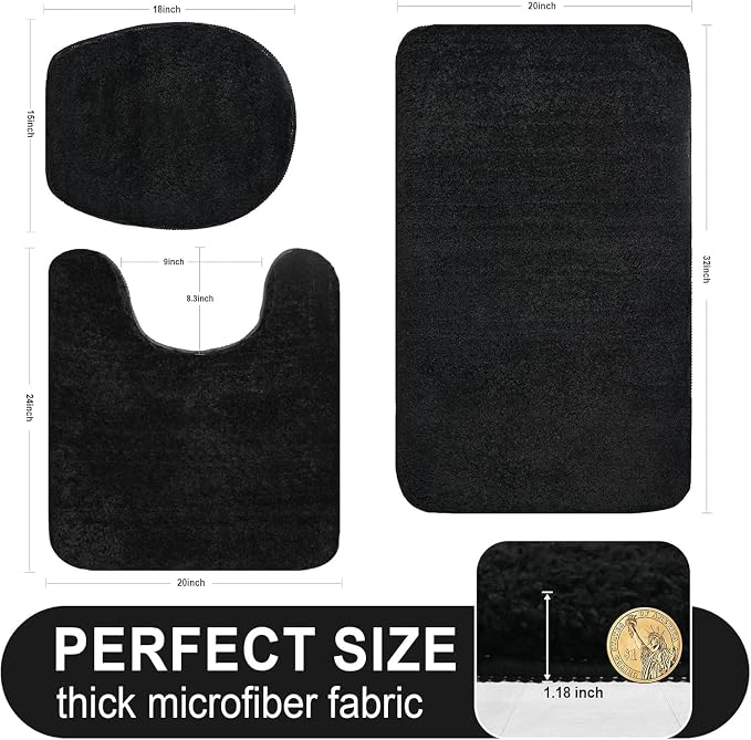 Bathroom Rugs Sets 3 Piece with Toilet Seat Cover 17.5"x 15" | Machine Washable Bath Rug Set with Tpr Non Slip Rubber Backing Solid Bath Mat Set for Luxury Bathroom Decoration
