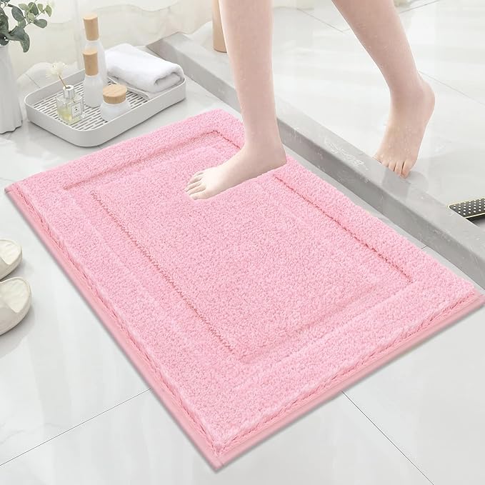 SHACOS Soft Microfiber Bathroom Rugs Set of 2 Pieces, Pink | 32x20 + 24x16, Absorbent Plush Bath Rugs, Non Slip Washable Shaggy Bath Mats, Fluffy Bathroom Runner Floor Mats Shower Rug