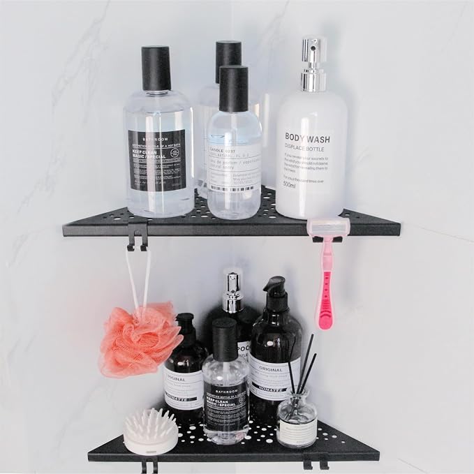 WELLUP Corner Shower Shelf with 4 Hooks,10 Inch 304 Stainless Steel Recessed Bathroom Shelves,No-Drilling Installation for Tiled Wall,Matte Black, 2-Pack
