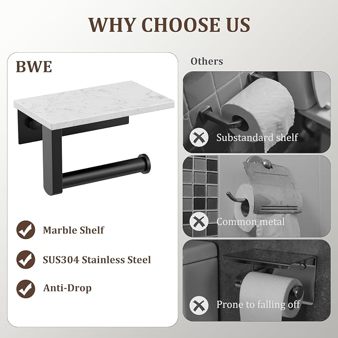 BWE Matte Black Toilet Paper Holder with Marble Shelf, Toilet Paper Roll Holder Wall Mounted, Toilet Paper Roll Holder with Phone Shelf 304 Stainless Steel Tissue Holder for Bathroom Washroom