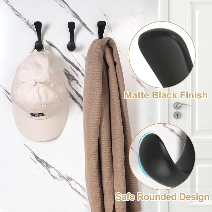 4 Pack Towel Hooks for Bathrooms Wall Mounted, Matte Black Bathroom Hooks for Towels, Robe & Towel Hook for Wall, Modern Black Bath Towel Hook