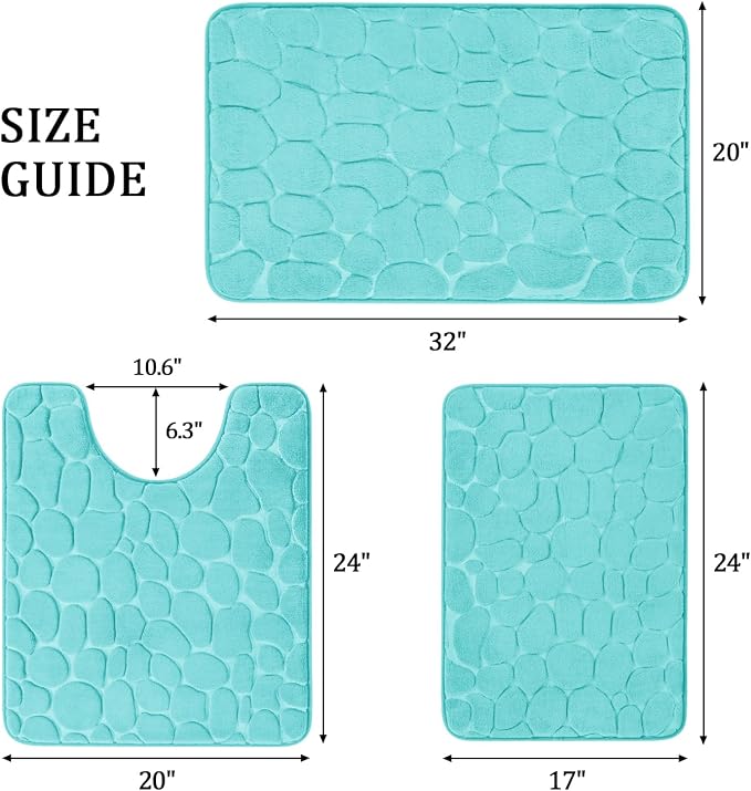 YIHOUSE Bathroom Rugs Mat Set, Memory Foam Bath Mat 3 Piece Teal | U Shape+Small Mat, Non Slip, Water Absorbent, Washable, Bath Mat For Bathroom, Sink and Toilet