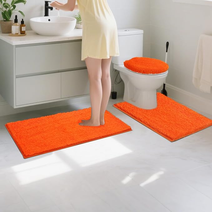 Bathroom Rugs Sets 3 Piece with Toilet Seat Cover 17.5"x 15" | Machine Washable Bath Rug Set with Tpr Non Slip Rubber Backing Solid Bath Mat Set for Luxury Bathroom Decoration