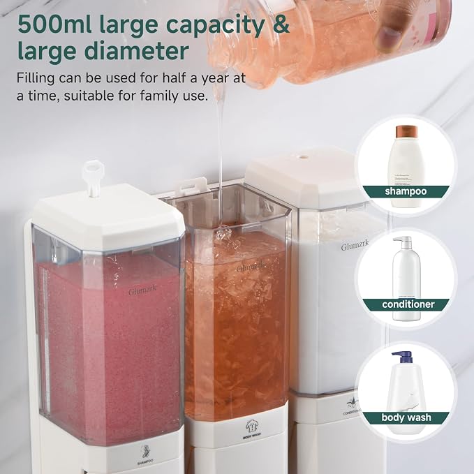 Shampoo and Conditioner Dispenser 3 Chamber No Drill Shampoo Dispenser for Shower Wall Mounted Shower Soap Dispenser 3 * 500ml Refillable Shower Dispenser for Bathroom Hotel(White 3 Chamber)