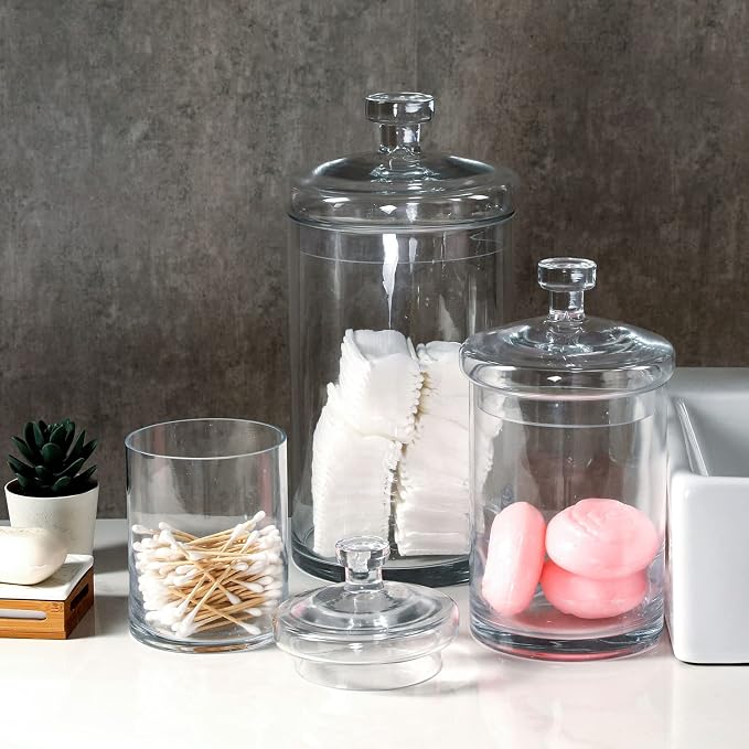 MyGift Glass Storage Jars with Lids, Kitchen & Bath Storage, Set of 3 | Add timeless charm to kitchens, bathrooms, weddings, and candy buffets with clear glass apothecary jars and matching lids