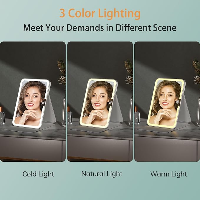 FUNTOUCH Rechargeable Travel Lighted Makeup Mirror with PU Leather Cover | Portable Travel Makeup Mirror with lights, 3 Color Lighting,Touch Dimmable, Light Up Tabletop Cosmetic Mirror Folding Flower