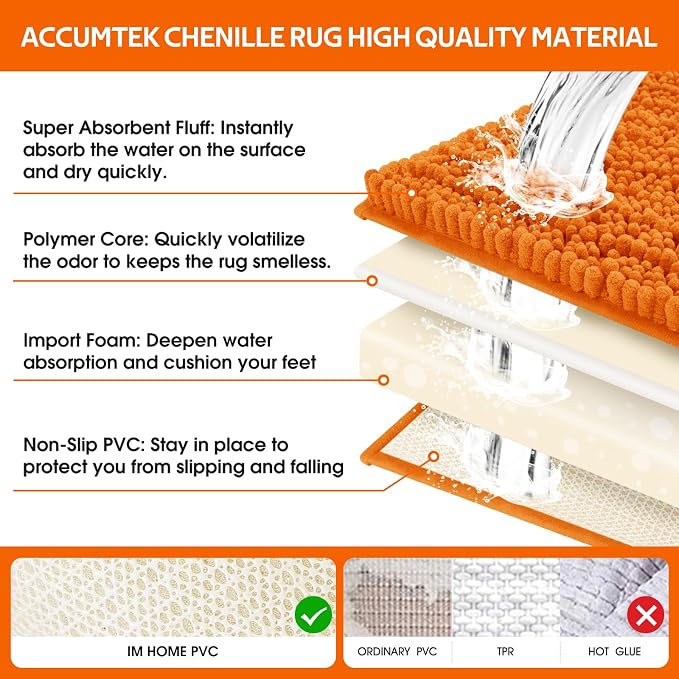 ACCUMTEK Upgrade Extra Large Orange Bathroom Rug Set 3 Pieces Ultra Soft, Thick Absorbent Bath Mats, Non Slip Chenille Toilet Mat for Bathroom, Bedroom, Kitchen