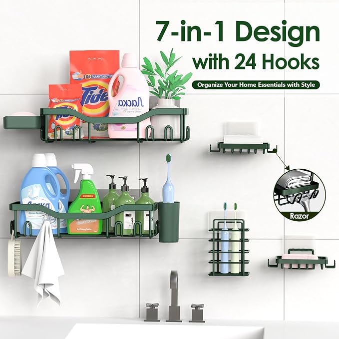 NESOMI Shower Caddy Adhesive Shower Organizer 7-Pack, Rustproof Stainless Steel Bathroom Shelves, Large Capacity No-Drill Rack Storage Accessories with Soap Dish Toothbrush Holder Hooks