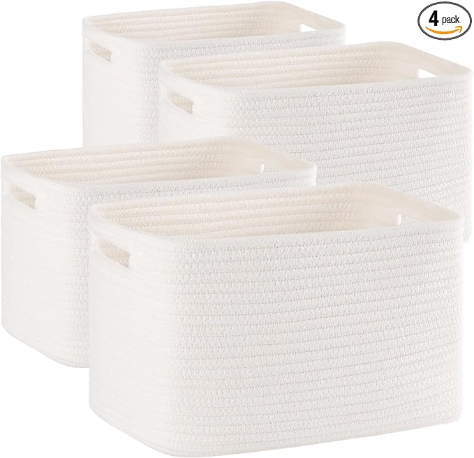 4 Pack Storage Baskets for Organizing, Woven Baskets for Shelves - Perfect for Toys, Books, Towels, and Clothes, Durable Gift Basket Bins Toy Storage, 12.7''L x9''W x7.8''H, White