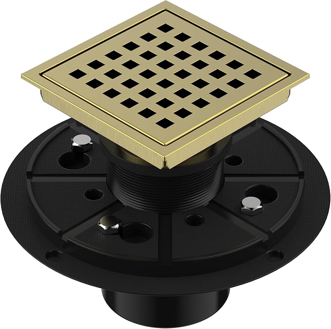 EXF Square Shower Drain 4-3/8 Inch Brushed Gold, Stainless Steel Shower Floor Drain Kit with ABS Flange, Removable Cover Grid Grate, Hair Strainer