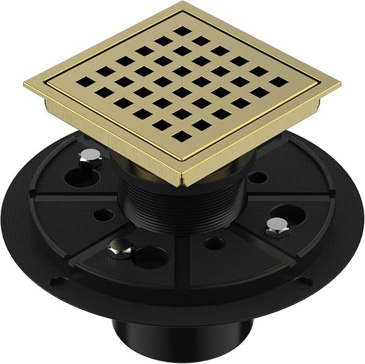 EXF Square Shower Drain 4-3/8 Inch Brushed Gold, Stainless Steel Shower Floor Drain Kit with ABS Flange, Removable Cover Grid Grate, Hair Strainer