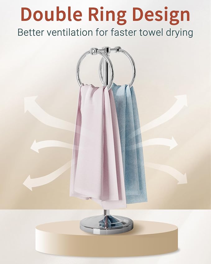 18" Hand Towel Holder Stand, Stainless Steel Free Standing Towel Rack Bar,Double Ring Towel Hanger with Weighted Base, Towel Hardware for Bathroom Vanity Kitchen Countertops(Chrome)
