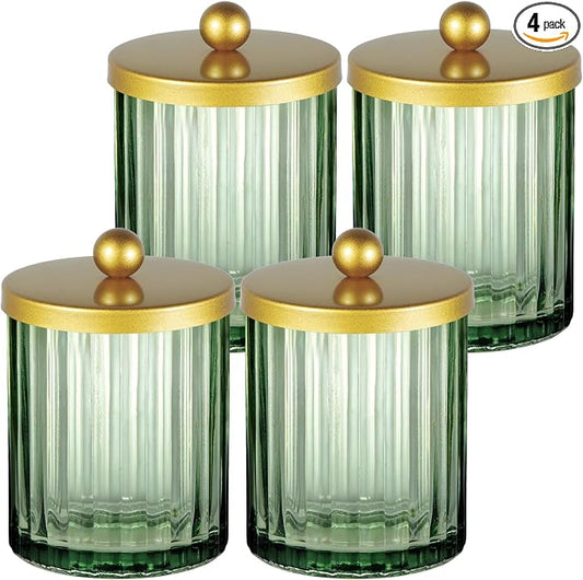 Amolliar Sage Green Glass Qtip Holder Dispenser, Bathroom Canister Apothecary Jar for Cotton Swabs, Cotton Balls, Round Pads, Floss Picks, Countertop Storage Organizer Container for Vanity,Gold 4 Pack