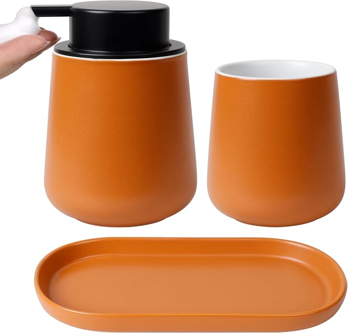 BosilunLife Ceramic Bathroom Accessories Set 3 Pcs | Foaming Soap Dispenser and Toothbrush Holder with Tray, Modern Farmhouse Vanity Decor, Orange Housewarming Gift