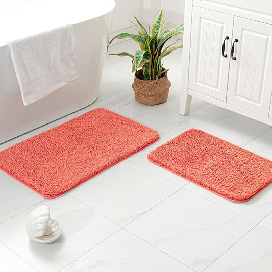 MIULEE Living Coral Bathroom Rugs Set 2 Piece Soft Bath Mats 16x24+20x30 in | Soft Absorbent Microfiber Bath Rugs, Non Slip, Quick Dry, Fluffy Bath Rugs for Bathroom Floor Tub Showers, Machine Washable