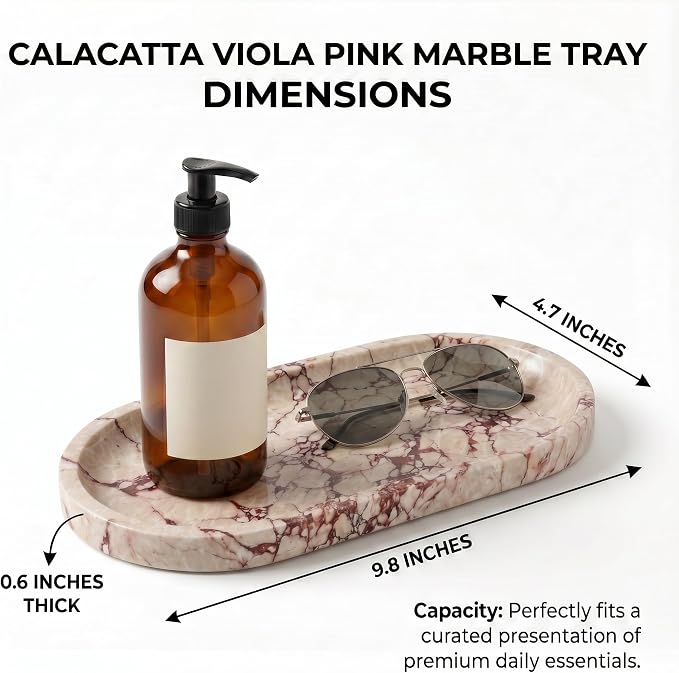 YKAJO Calacatta Viola Pink Oval Marble Tray, 9.8x4.7 Vanity Organizer Dish | Honed natural stone; jewelry & trinket dish, ring & key holder, soap & candle catchall; bath counter, dresser, coffee table