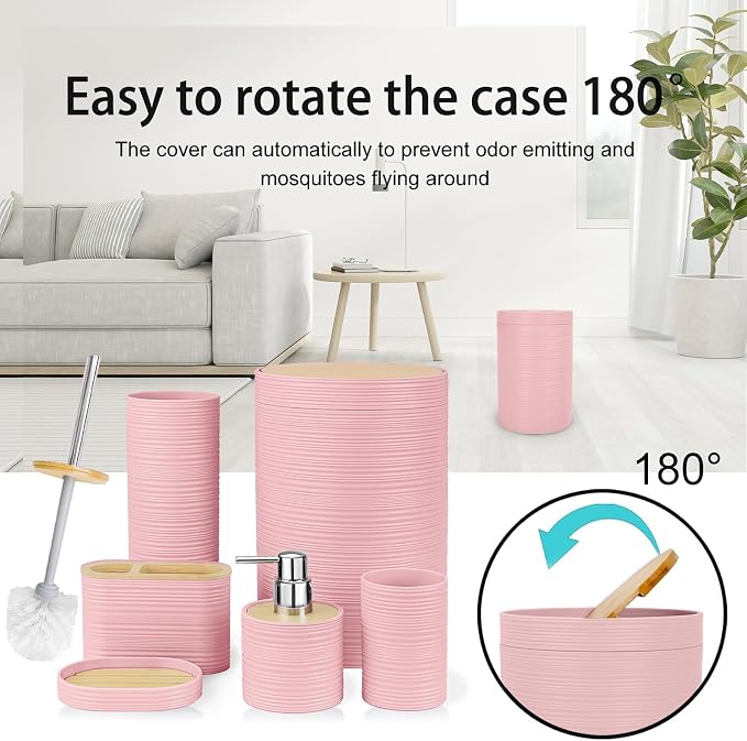 CERBIOR Bamboo Bathroom Accessories Set 6 Piece Spiral Bath Ensemble（Pink） | Includes Soap Dispenser, Toothbrush Holder, Toothbrush Cup, Soap Dish for Decorative Countertop and Housewarming Gift, Pink