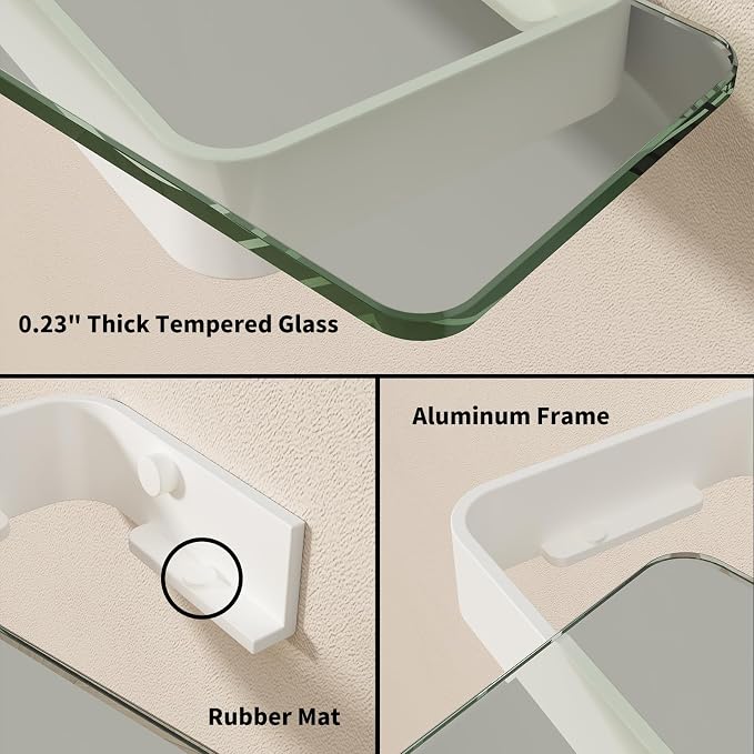 Danpoo 12-Inch Wall Shelf, Clear Tempered Glass with Matte White Aluminum Frame – Versatile Floating Bathroom Organizer