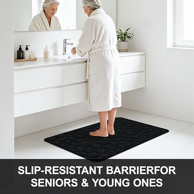Stone Bath Mats, Non-Slip Memory Foam Bathroom Rug, 16x24 Black | TPR Rubber Backing,Ultra Soft,Highly Absorbent,Machine Washable,Quick Dry for Tub and Shower, Home Decor Accessories