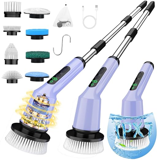 Electric Spin Scrubber, Waterproof Cordless Bathroom Shower Cleaner Brush | 8 Replaceable Brush Heads, 90Mins Runtime, 4 Adjustable Size, 2 Speeds for Shower Bathroom Bathtub Toilet Kitchen Glass Car