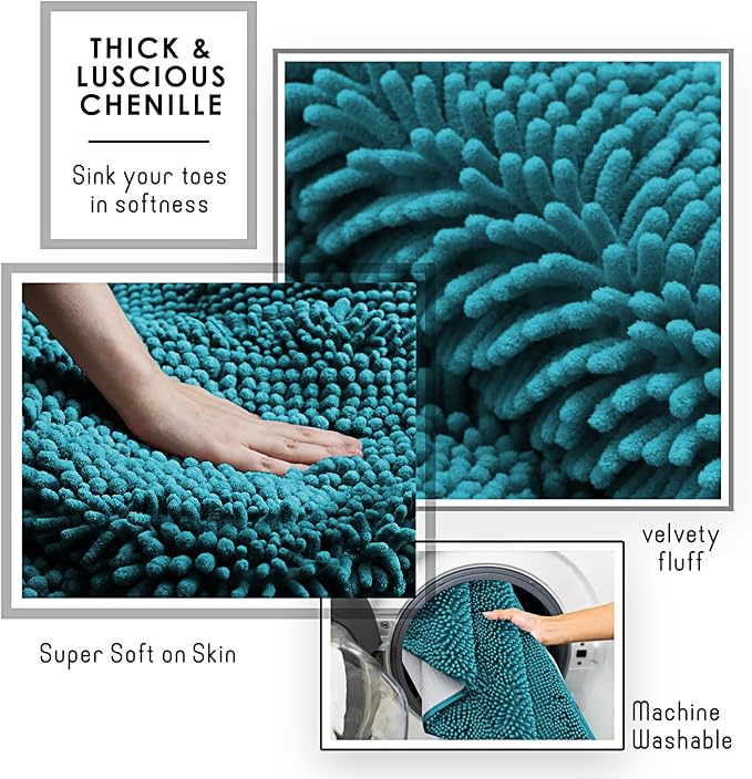 Hearth & Harbor Bathroom Rugs, Chenille Bath Mat - Machine Washable Bath Mats for Bathroom Non-Slip Backing Rubber, Quick Dry - Teal Blue Bath Rug, 17x24-20x32-20x24
