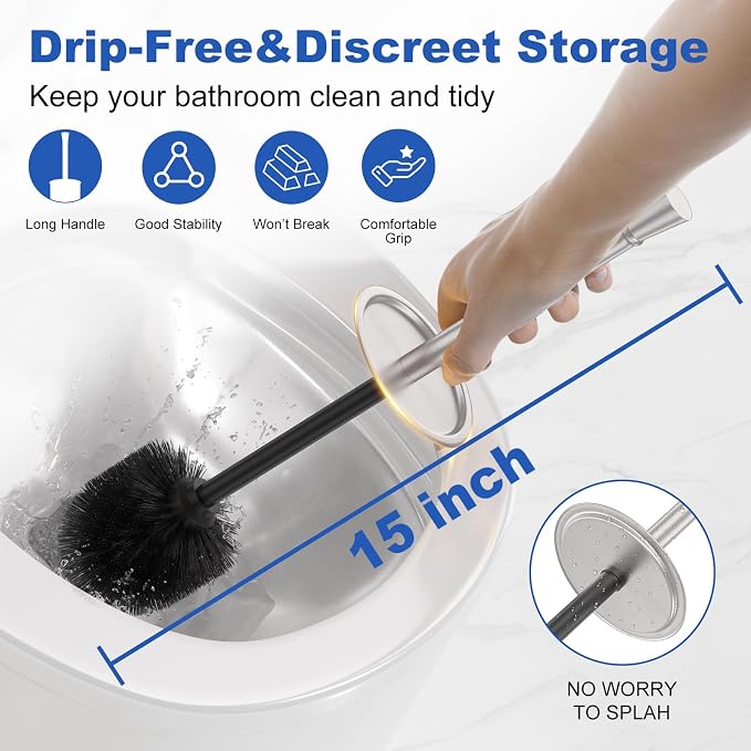 304 Stainless Steel Heavy Duty Toilet Bowl Brush，Removable Inner Bowl and Splash Protection，Bathroom Toilet Brush-Dense Bristles for Through Cleaning