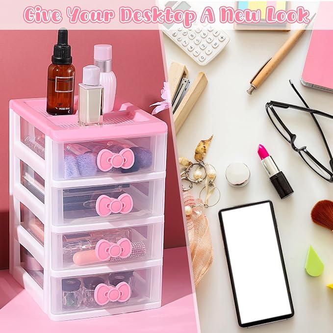 Girls Cute Lovely Color Storage Box Makeup Organizer with 4 Layers, Cute Storage Cabinet Box with Bow Handle, Desktop Storage Box for Home Bedroom Bathroom Women Girl Gifts (Pink)