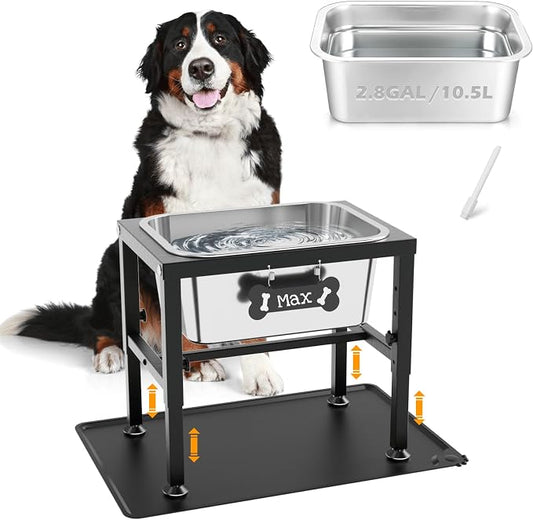 2.8 Gallon Elevated Large Dog Water Bowl with Spill-Proof Mat, 4-Height Adjustable (9.4–14.2'') Raised Dog Water Bowl Stand with Stainless Steel Bowls for Indoor/Outdoor Use