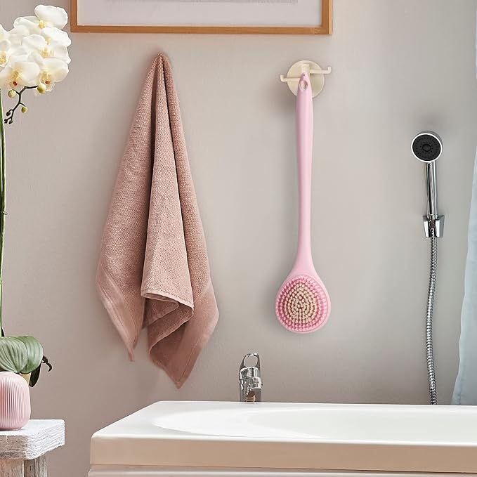 BEDELITE Back Scrubber for Shower, Long Handle 16.4 Inches, Pink, 1 Pack | Soft Back Brush for Shower, Exfoliating Scrubber, Non-Slip Curved Long Handle Bath Brush, Wet or Dry Use for Back Cleaning