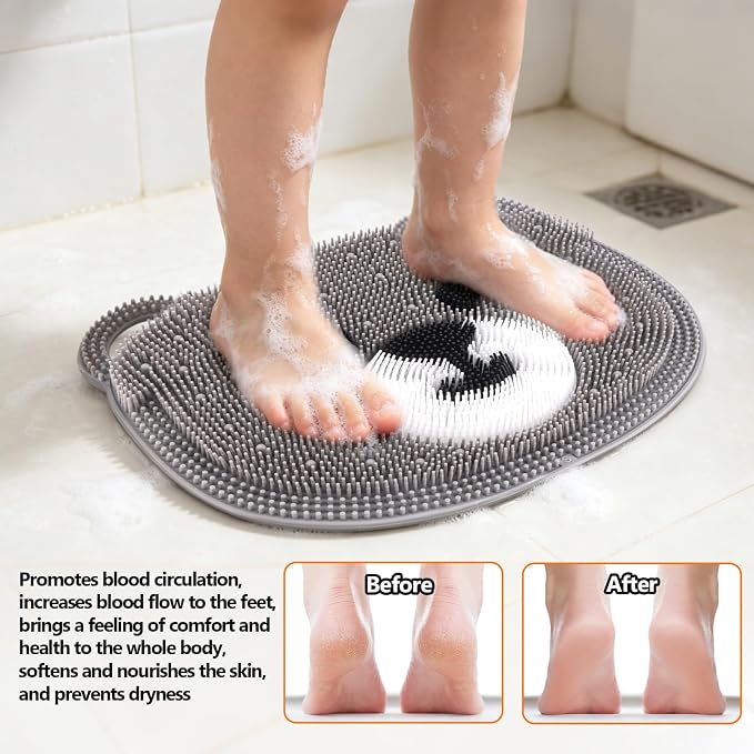 Kalolary Silicone Shower Foot Scrubber Mat，Back Exfoliating Cleaner Foot Scrubber in Shower with Non-Slip Suction Cups Cleaner Brush to Exfoliate and Massage Feet Without Bending Over (Cute Bear)