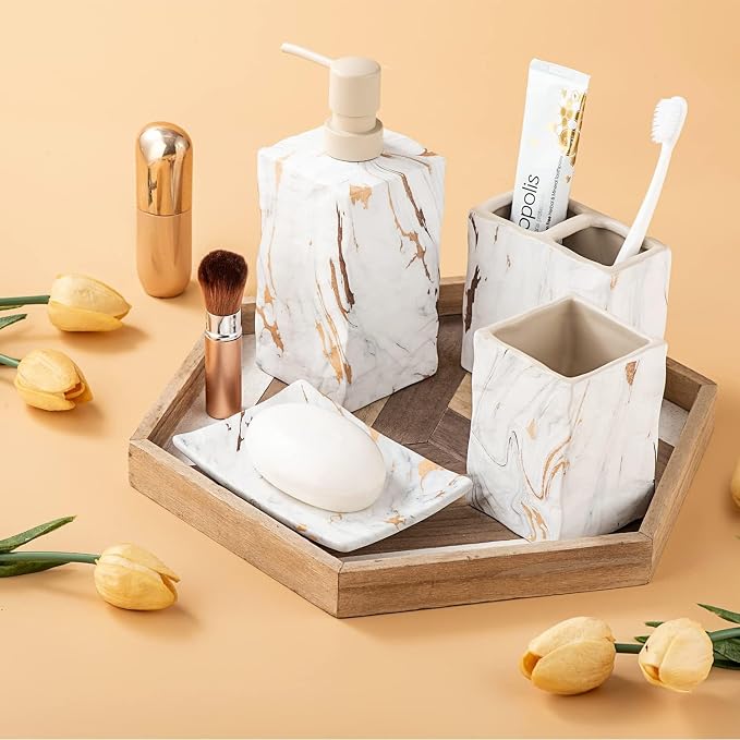 RQYIXI Ceramic 4-Piece Bathroom Accessories Set, Gold, Marble Design | marble look ceramic square design unique veining pattern modern countertop organization