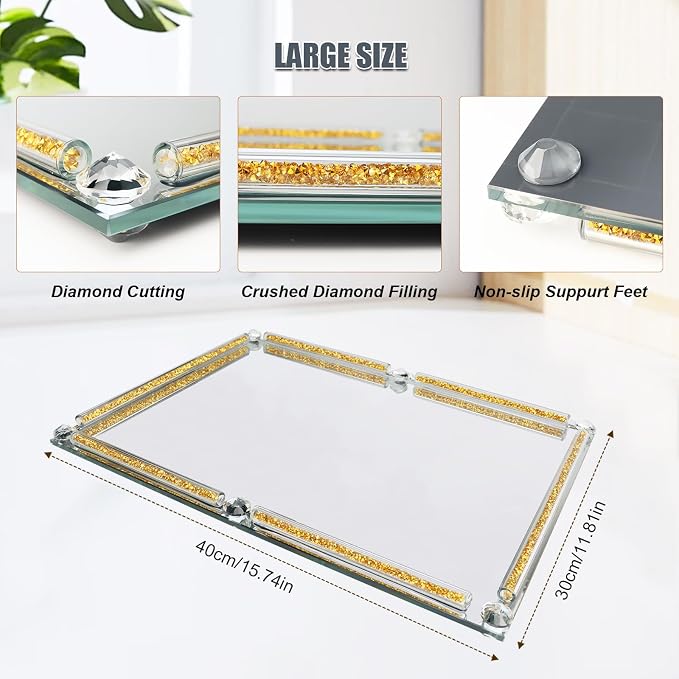 Large Mirror Perfume Tray for Dresser,Crushed Diamond Filled Glass Vanity Tray,Gold Decorative Bathroom Tray,Crystal Tray for Home Decorative,Party,Hotel Banquet,15.7x11.8x1.4inch,Gold