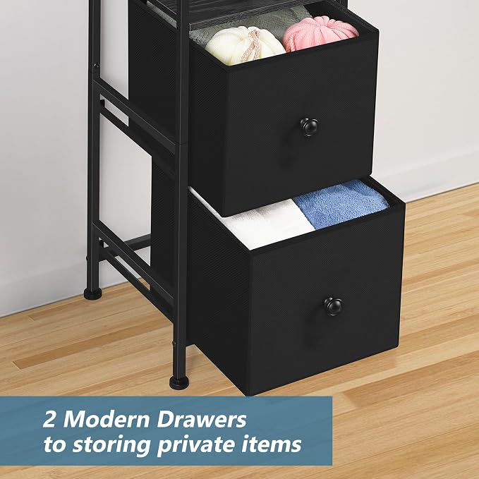 Tall Bathroom Storage Cabinet, 55.9'' Slim Bathroom Floor Cabinet with Fabric Drawers for Small Spaces, Narrow Storage Cabinet Shelves Bathroom Organizer Towel Rack for Living Room, Kitchen, Black