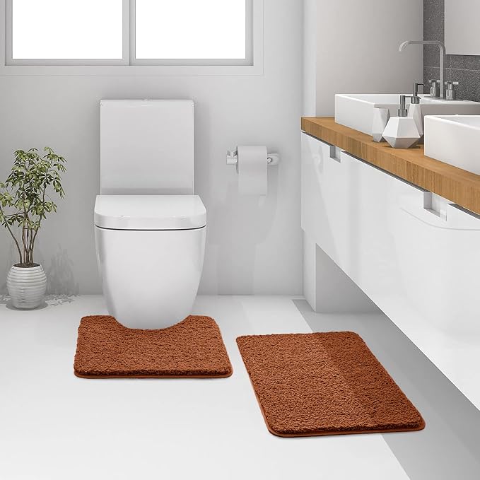 MIULEE Fall Burnt Orange Bathroom Rugs Set 2 Piece Bath Mats 20x24+16x24 | Absorbent Microfiber Bath Mat and U-Shaped Toilet Rug, Non Slip, Quick Dry, for Bathroom Floor Tub Showers, Machine Washable