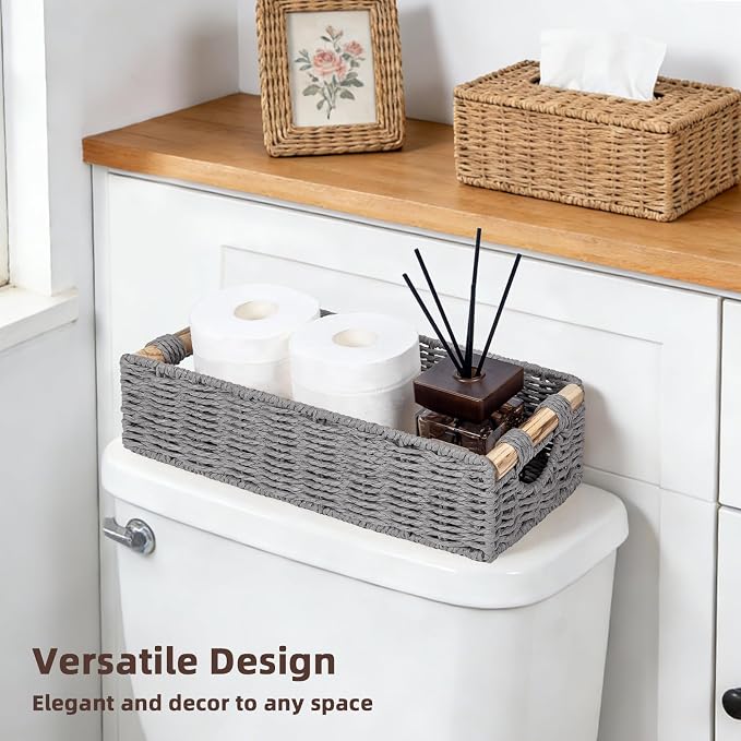 CubesLand Back of Toilet Storage Basket for Organizing w/Cut Out Handle, Handwoven Toilet Tank Top Paper Baskets, Wicker Decorative Basket for Countertop, Home Decor, Living Room, Nursery, Grey