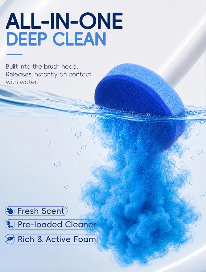 Disposable Toilet Brush System, Toilet Bowl Cleaning Wand with Lift-to-Open Refill Case, Blue Refill Heads and Freestanding Holder, 1 Wand and Holder Set with 63 Blue Refills
