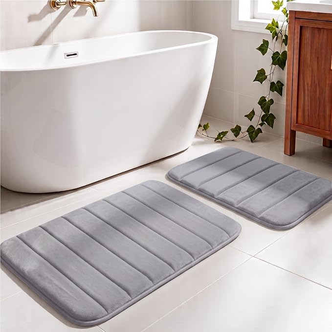 Memory Foam Bathroom Rugs Sets 2 Piece - Super Soft Absorbent Quick Dry Memory Foam Bathroom Rugs, Machine Washable Non Slip Floor Carpet for Tub Shower & Single Sink 32"x20"+24"x16"（Light Grey）