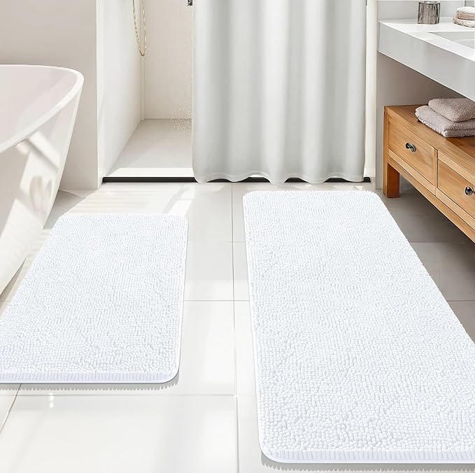 OLANLY Chenille Bathroom Rugs Mats Sets 2 Piece, 59"x20"+30"x20", White | Ultra Soft Absorbent Bath Rugs Set, Rubber Backing Non-Slip, Quick Dry, Machine Washable Bath Carpet, Home Decor Accessories