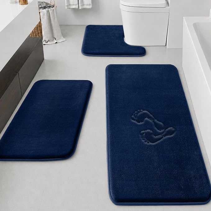 Bathroom Rugs Sets 3 Piece, Non-Slip & Quick Dry Bath Mat Set, Ultra Soft Velvet Bath Rugs for Bathroom, Toilet and Shower Floor, Navy