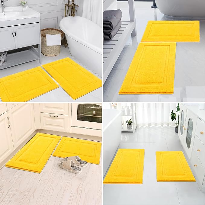 SHACOS Soft Microfiber Bathroom Rugs Set of 2 Pieces, Yellow | 32x20 + 24x16, Absorbent Plush Bath Rugs, Non Slip Washable Shaggy Bath Mats, Fluffy Bathroom Runner Floor Mats Shower Rug