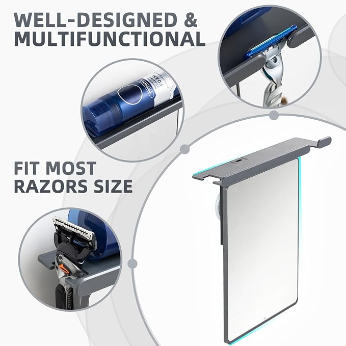 TAILI Shower Mirror Fogless for Shaving,Fogless Mirror for Shower with Tray | Shaving Mirror with Razor Holder, Anti Fog No Drill, Removable, Wall Mounted Bathroom Accessories with Powerful Suction, Grey