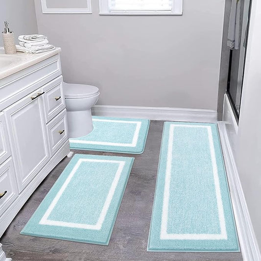 Pauwer Bathroom Rugs 3 Piece Set, Non Slip Washable Bath Mat, Light Blue | Soft Plush Microfiber, Super Absorbent Floor Carpet, U Shaped Toilet Mats, Quick Dry, Shaggy Shower Rugs Runners