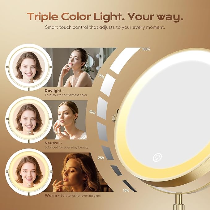 Dienmern Lighted Makeup Mirror, 1X/20X Double-Sided Magnifying Vanity Mirror with Lights, 360° Rotation, 5000mAh Rechargeable Adjustable Brightness with 3 Colors for Dorm, Living Room, Women Gift