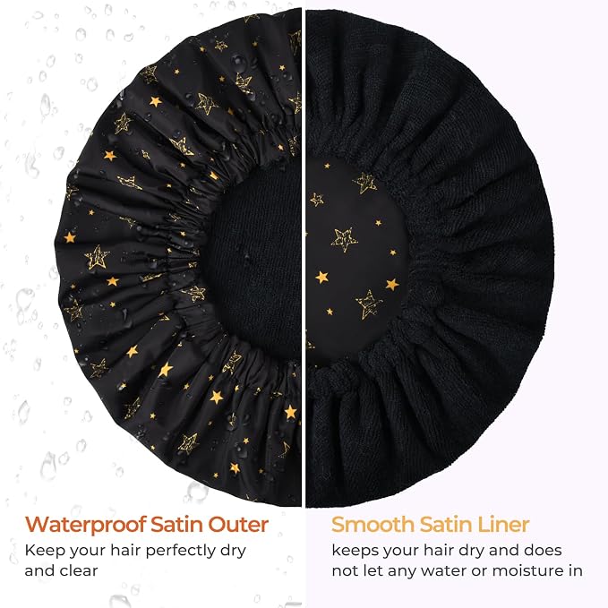 Shower Cap for Women Terry Lined Bath Cap Large Reusable Waterproof Elastic Band Black Star Shower Caps for Long Thick Hair Soft Bath Shower Hair Caps