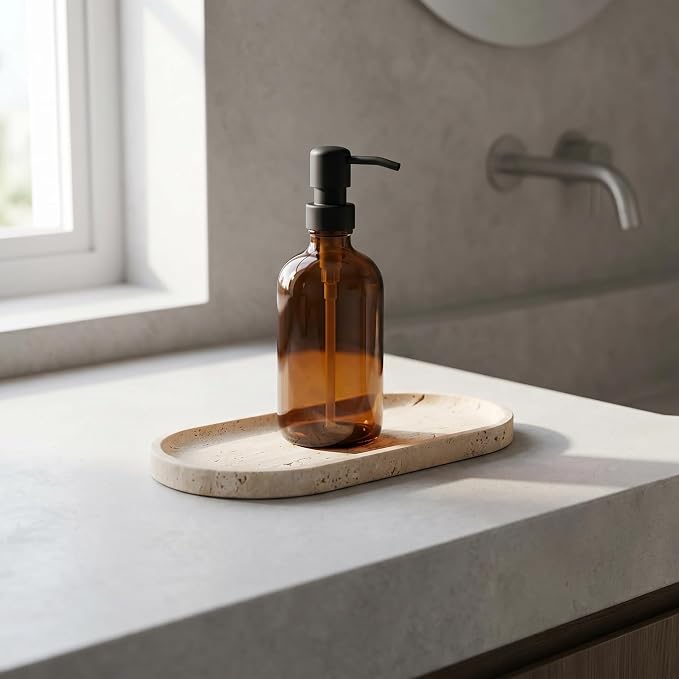 YKAJO Yellow Travertine Oval Marble Tray, 9.8x4.7 Vanity Perfume Organizer | Honed natural stone; jewelry & trinket dish, ring & key holder, soap & candle catchall; bath counter, dresser, coffee table