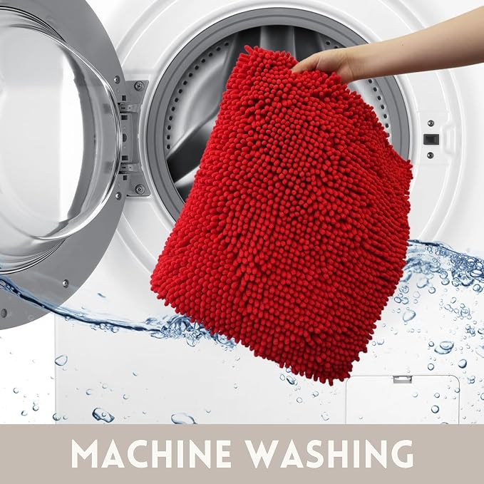 Bathroom Rugs Chenille, Extra Thick and Absorbent, Non-Slip, Machine Washable, Dry Quckily, Soft Cozy Plush, Used Under Shower Bathtub and Sink, Bath mat Sets Red