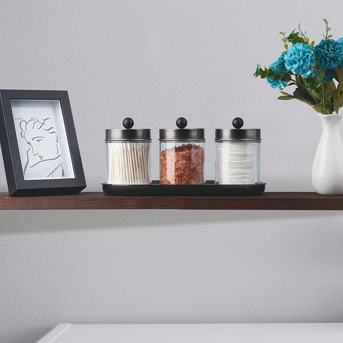 SheeChung 3 Pack Glass Apothecary Jars with Acrylic Vanity Tray | Bathroom Jars with Lids Set with for Qtip, Cotton Ball, Floss Picks - Modern Industrial Style - Bathroom Organizer (ORB)