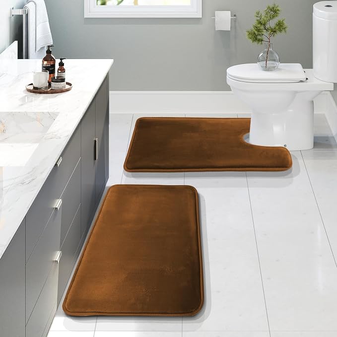 Clara Clark 2 Piece Bathroom Rugs, Velvet Memory Foam Bath Mat Set, Non-Slip Bath Rugs, Machine Wash, Dries Quickly, Ultra Soft Plush Bath Mats for Bathroom, 17 x 24 + Contour, Brown