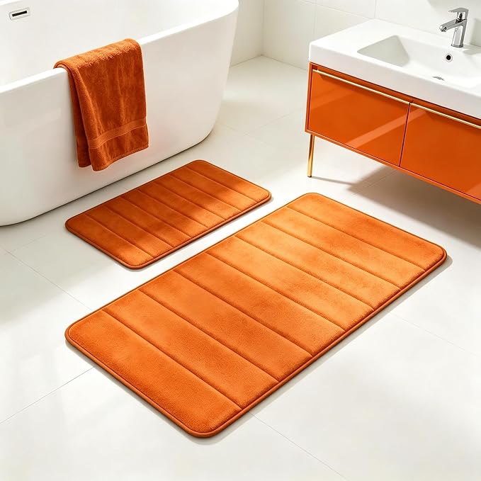 Orange Bathroom Rugs Set 2 Piece Memory Foam Bath Non-Slip Bath Mat,Washable Room Mats,Absorbent Shaggy Rugs Super Soft Kitchen Mats, Batroom Carpets for Bathroom,Tub,Shower Home Decor